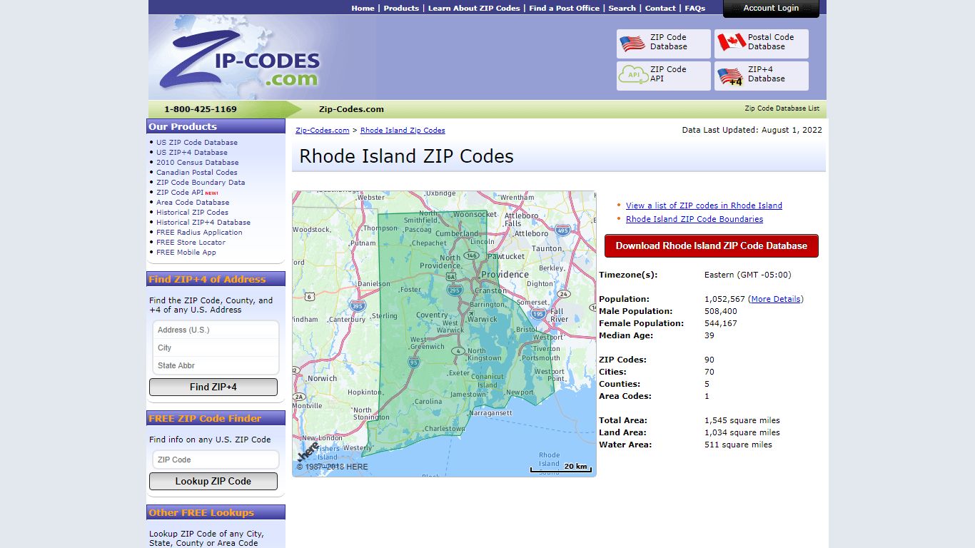 Listing of all Zip Codes in the state of Rhode Island