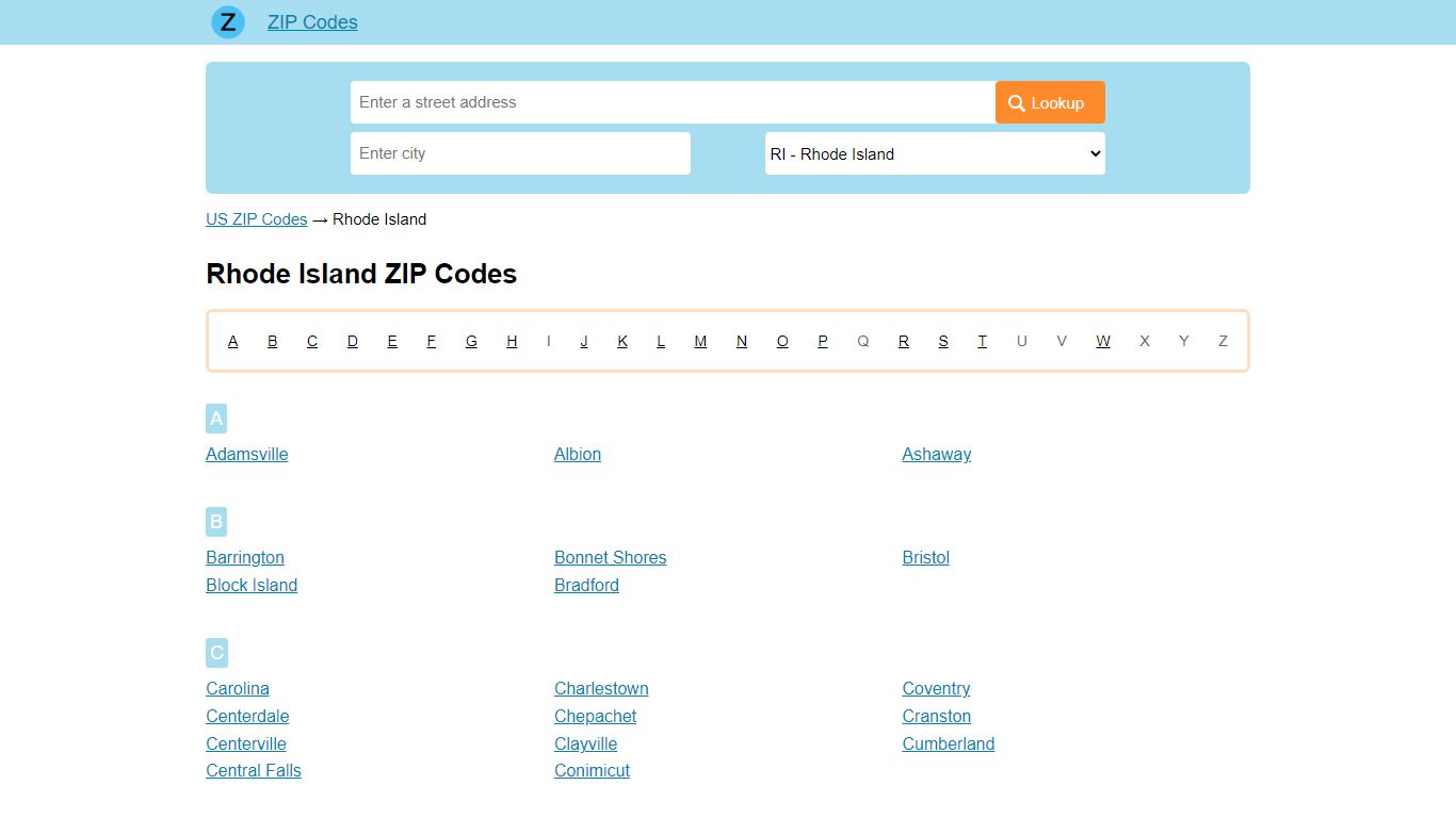 Rhode Island Zip Codes