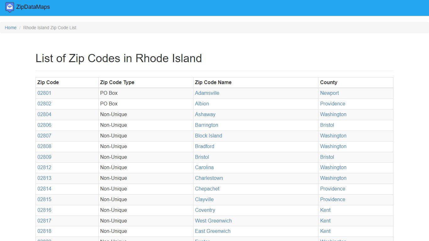 List of Zip Codes in Rhode Island - Zipdatamaps.com